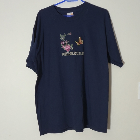 Endur Tops - Michoacán Mexico Monarch Butterfly Rose Embroidered Textured Heavyweight Tee XL